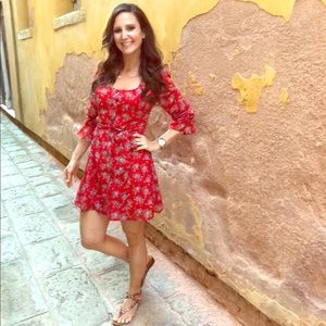 Red Flirty Long Sleeve Floral Dress